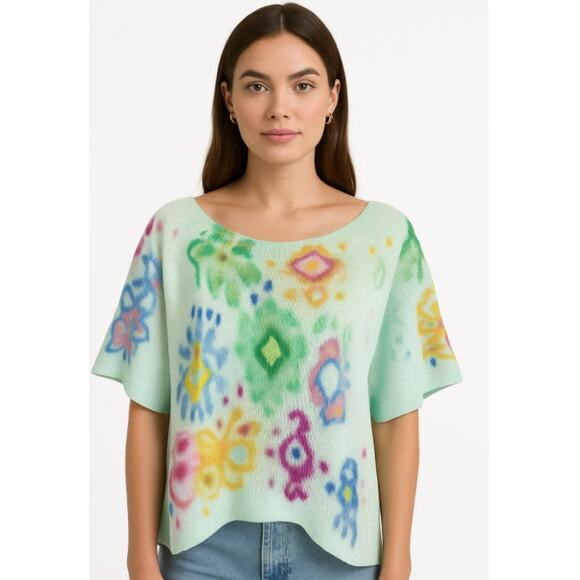 Anthropologie SZ L Meera Embroidered Sweater Tee Mint OB1263398 NWT - Picture 1 of 8